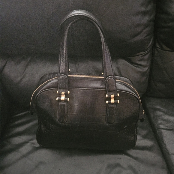 Ralph Lauren Black 100% Leather Croc Embossed Gold Hardware Satchel Tote - Picture 4 of 16